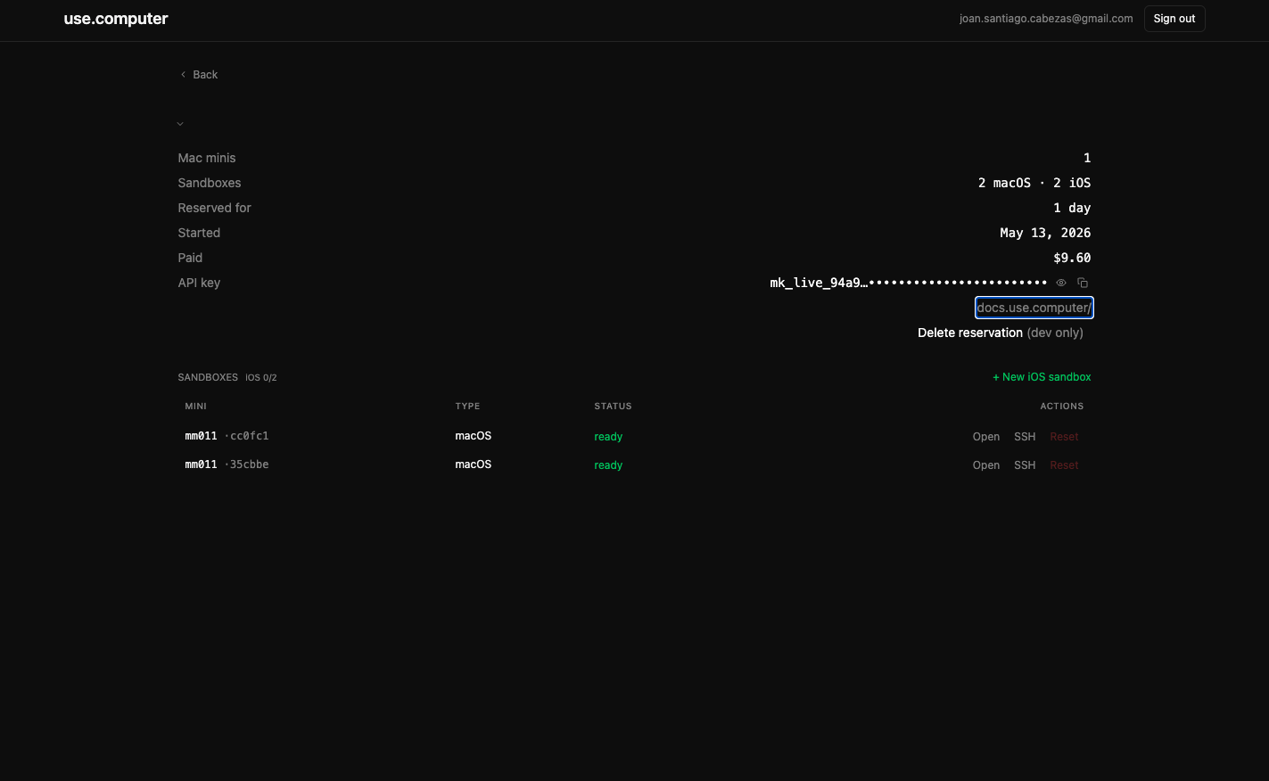 Reservation detail showing the API key, mac mini summary, sandbox tables